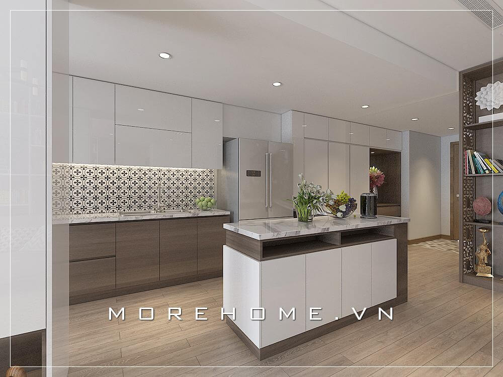 Thiết kế nội thất phòng bếp hiện đại, tone màu trắng kết hợp màu nâu của gỗ nhẹ nhàng, trẻ trung tạo không gian hứng thú cho người nội trợ